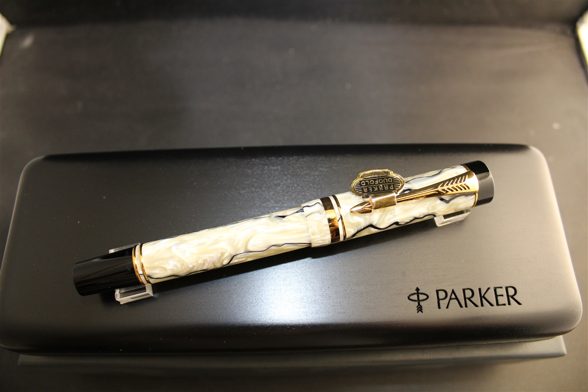 Original Parker Duofold Centennial Pearl and Black Fountain Pen Broad Nib